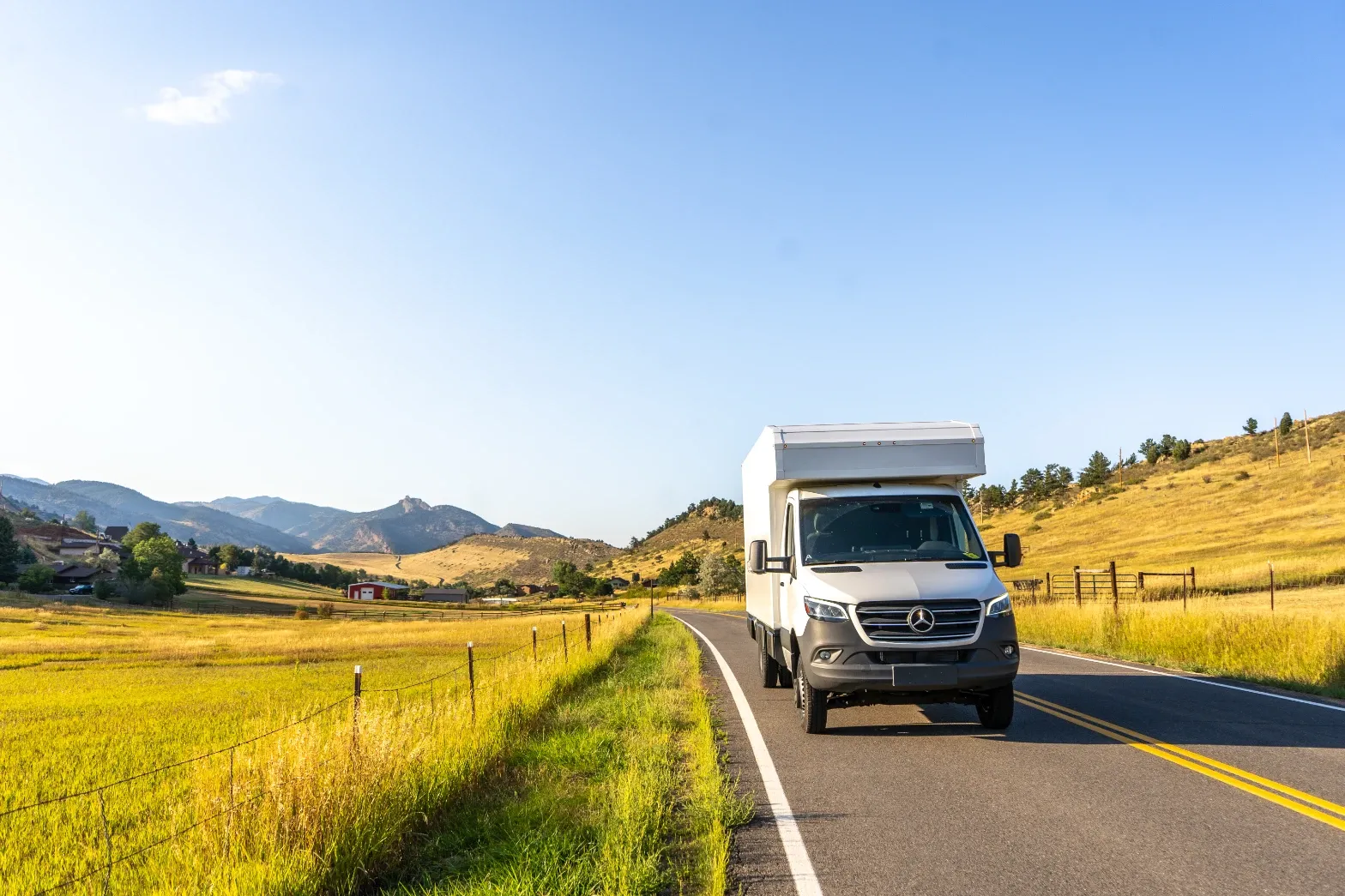 Mercedes-Benz Sprinter composite camper on a mountain road at dusk