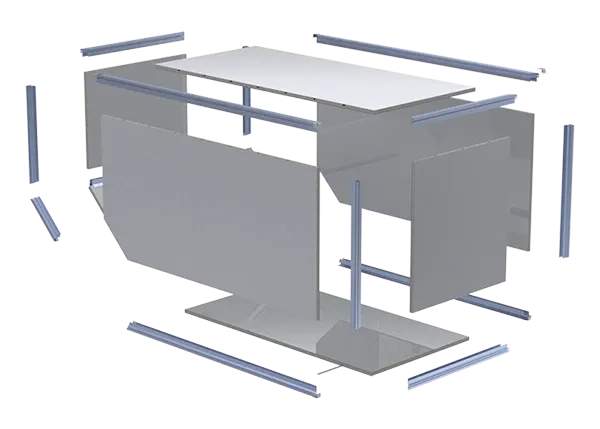 Exploded render of a flatbed camper — pre-cut composite panels and the thermal-break extrusion frame that ties them together