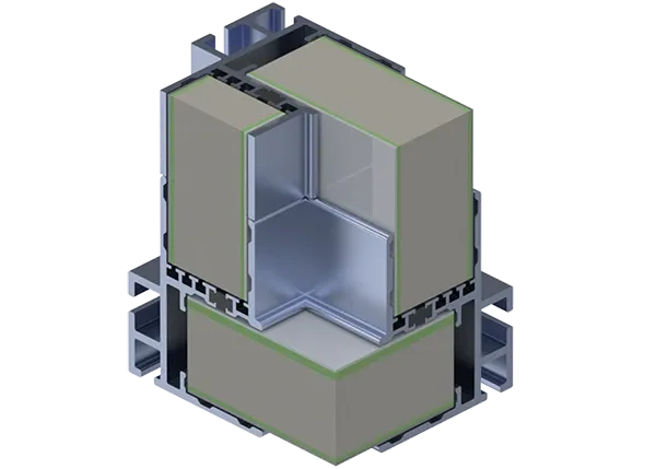 Cutaway render of a composite wall corner — a closed-cell foam core between composite skins, joined by a thermal-break extrusion